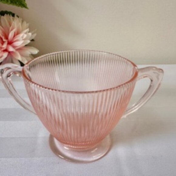 Jeanette Homespun‎ Pink Depression Glass Sugar Bowl Ribbed Art Deco Two-Handled - Picture 2 of 3